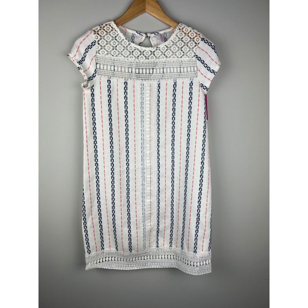 Xhilaration Girls XS White Navy Pink Striped Crochet Lace Shift Dress NWT